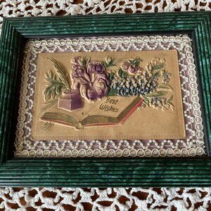 Antique Embossed Framed Post Card Best Wishes